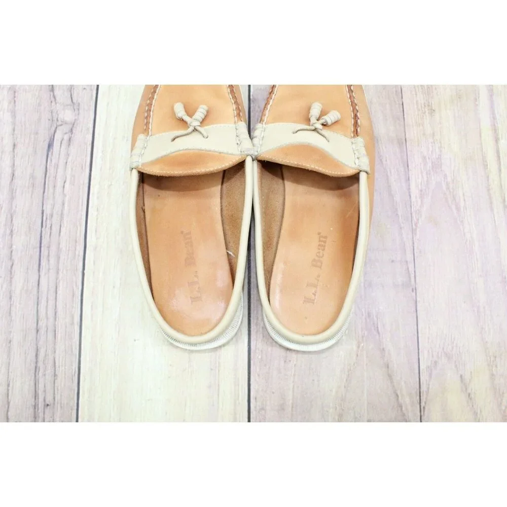 LL Bean Tan Leather Mule Flat Slide Moc Toe Open Back Loafer Size 6 M - Picture 6 of 9